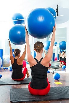 Blue stability ball in women Pilates class rear mirror view