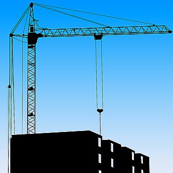 Silhouette of one cranes working on the building on a blue background