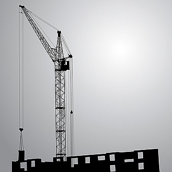 Silhouette of one cranes working on the building on a black background