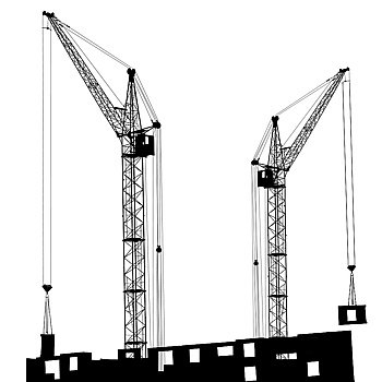 Silhouette of two cranes working on the building
