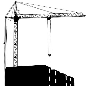 Silhouette of one cranes working on the building on a white background
