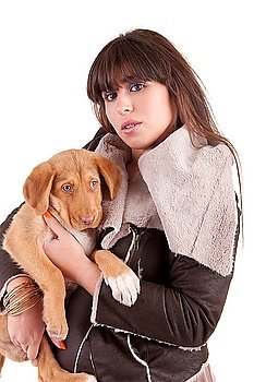 Woman and little dog isolated over white