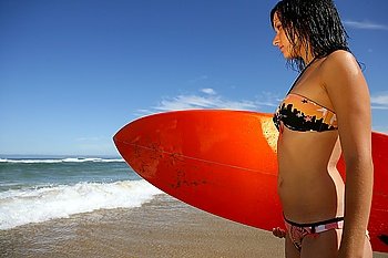 Brunette stood on the beach with surf board