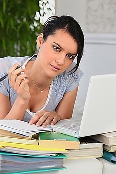 female student doing web search