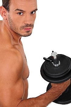 bare-chested man 30 years old muscular man doing fitness with dumbbell