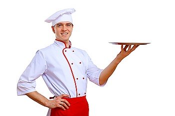 Male cook in uniform holding an empty tray