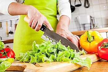 Woman´s hands cutting lettuce, behind fresh vegetables.