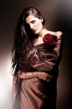 beautiful woman in chocolate fabric with red rose
