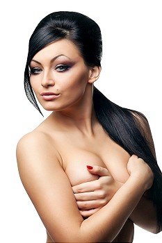 brunette woman with beautiful breasts on white background