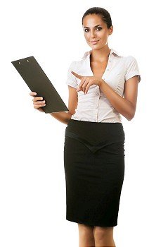 smiling business woman with folder in hand on white background