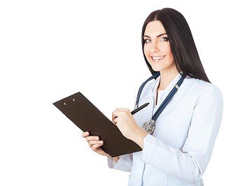 smiling doctor writing to folder on white background