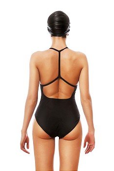 swimmer in black from back on white background