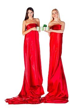 two women in red dress with present in hands on white background