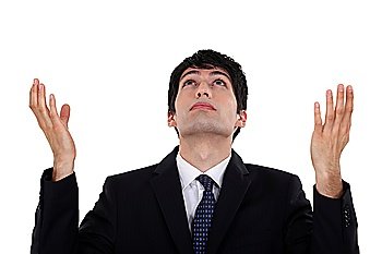 Man looking up with hands up