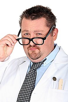 Man dressed as a doctor with silly glasses