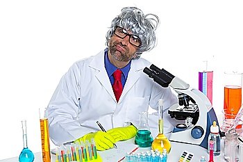 Nerd crazy scientist man portrait working at laboratory with gray hair