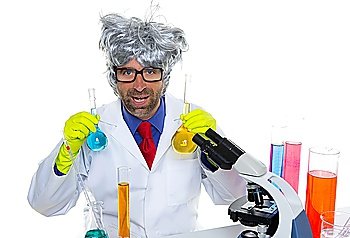 Crazy nerd scientist silly man gray hair on chemical laboratory