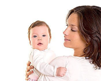 Baby girl hug in mother arms happy on white background