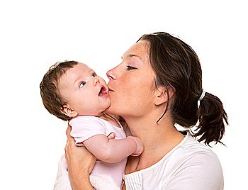 Beautiful mother kissing baby girl hug on white background