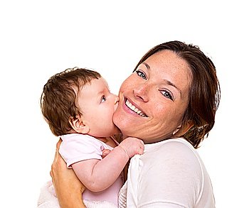 Baby girl hungry eating mother face hug in her arms on white background