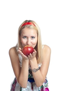 young blond woman and apple