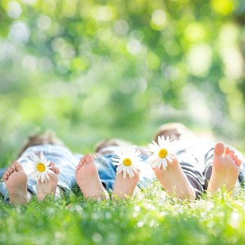 Family with daisy flowers lying on green grass against spring blurred background