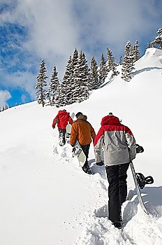 Backcountry Snowboarders Hiking up a Slope