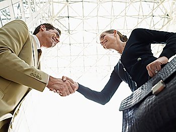 Businessman and businesswoman shaking hands (low angle view)