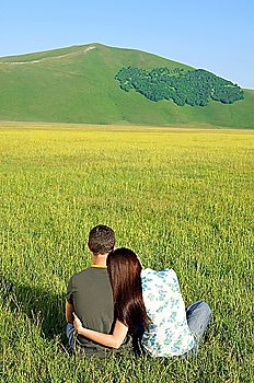 Young couple sitting in mountain field, back view