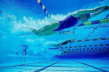 Swimmers Racing in Pool