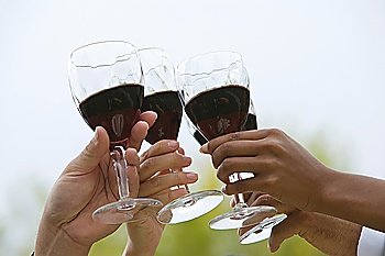 Group of friends toasting outdoors, close-up