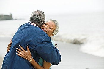 Middle-aged couple embracing at beach