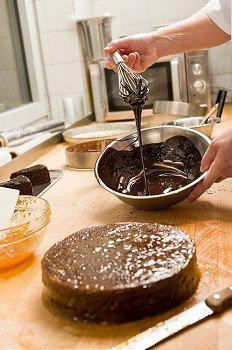 Cook in kitchen dripping chocolate sauce for cake