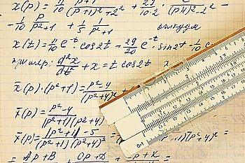 Page of old vintage paper with the calculation of the mathematics and slide rule