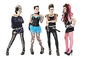 All female rock band members posing over white background