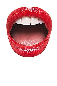 Close-up view of female wearing red lipstick with mouth open over white background