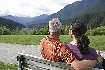 Couple sitting on bench looking at view, back view