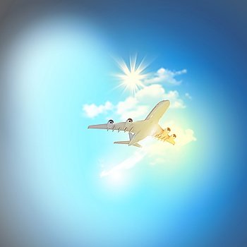Image of flying airplane in clear sky with sun at background
