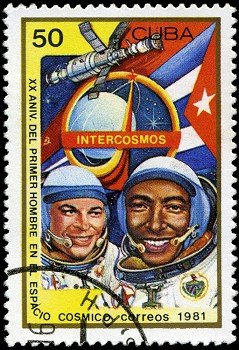 CUBA - CIRCA 1981: A stamp printed in CUBA, 20th anniversary first flight into space , 50 centavos, cosmonaut Yuri Romanenko Arnaldo Tamayo Mendez ,circa 1981