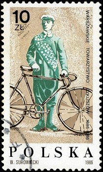 POLAND - CIRCA 1986: A stamp printed in Poland devoted 100 years of the Warsaw Society of cyclists, circa 1986