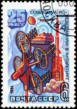 USSR-CIRCA 1981: A stamp printed in the USSR, 25 years of Soviet Antarctic Observatory ´Mirny Station´, circa 1981