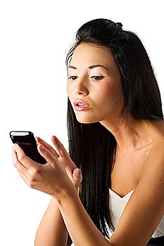 nice portrait of a young asian woman using a cellphone and looking with surprise