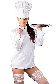 young sexy woman dressed as a cook with cap and showing her legs with white stocking