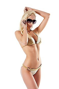 beautiful and sexy blond girl in bikini and sun glasses with hair style posing on white