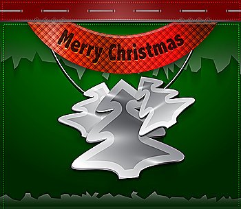 Vector Merry Christmas card. Hanging metallic Christmas tree labels