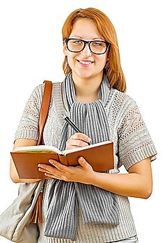 a smiling hipstergirl with notepad