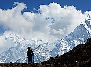 Hiker in Himalayan mountains