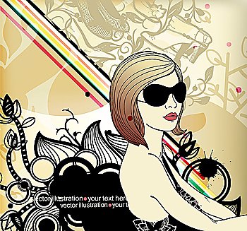vector illustration of a pretty girl in dark sunglasses on an abstract background. eps 10