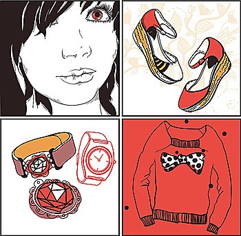 vector set of 4 cards with a girl, fashion cloth, shoes and accessories
