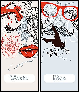 vector set of two abstract cards with man and woman